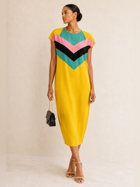 Yellow Colorblock Chevron Midi Dress with Multicolor Stripes